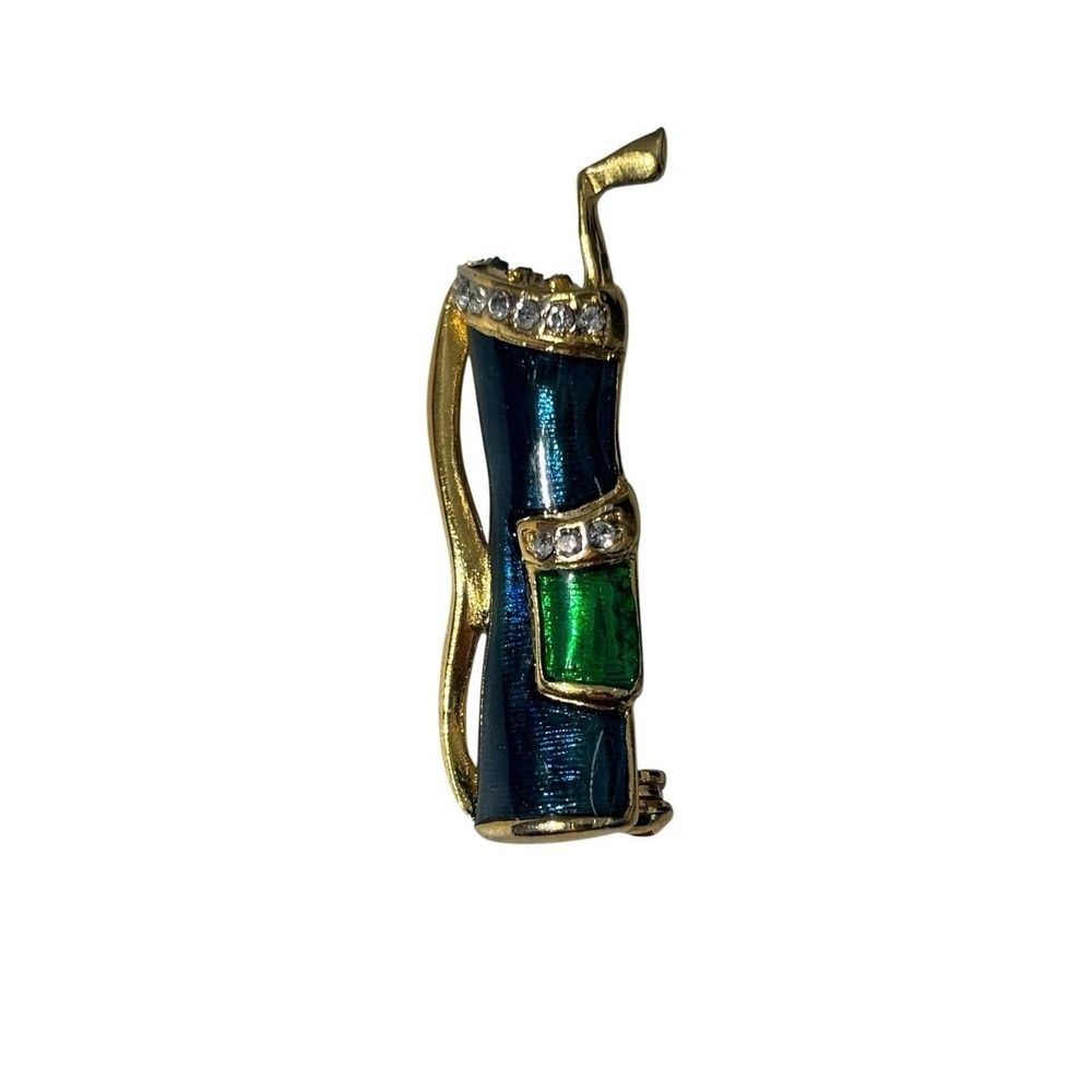 Vintage Gold Tone Green Blue Enamel Rhinestone Golf Bag/Club Brooch Pin